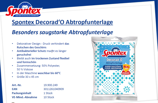 Abtropfunterlage Spontex 30 x 45 cm Decorad'O Nachfolgemodell zu SW11062