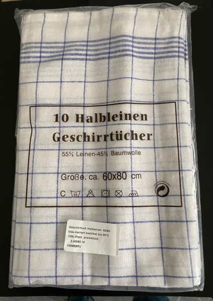 Geschirrtuch 60 x 80 cm Halbleinen blau kariert 10 St. / Pack Preis / Pack